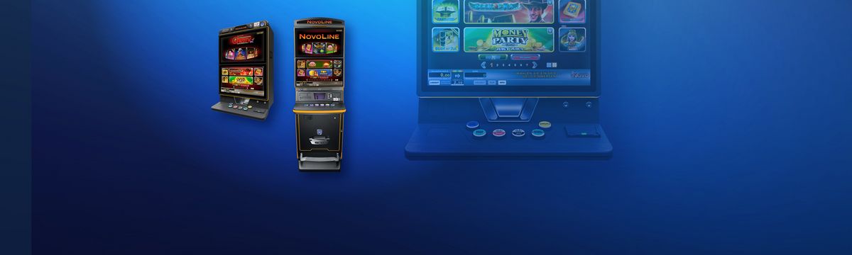 Verschiedene Novoline-Spielautomaten auf blauem Hintergrund