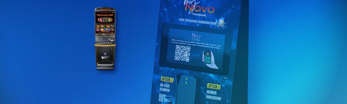 Ein Novoline-Spielautomat vor blauem Hintergrund